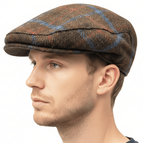Harris Tweed 100% Wool Men’s County Cap - Made in the UK - Brown Check Flat Cap -Satin Lining