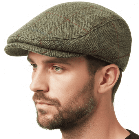 Harris Tweed 100% Wool Men’s County Cap - Made in the UK - Green Herringbone Flat Cap -Satin Lining