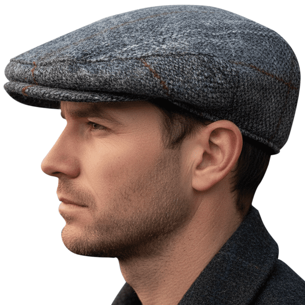 Harris Tweed 100% Wool Men’s County Cap - Made in the UK - Grey Check Flat Cap -Satin Lining