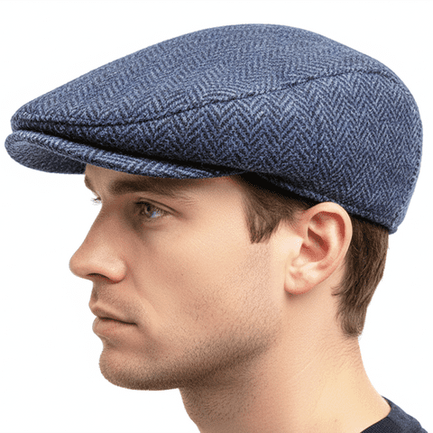 Harris Tweed 100% Wool Men’s County Cap - Made in the UK - Navy Herringbon Flat Cap -Satin Lining