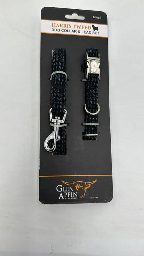 Harris Tweed Black- White Dot Dog Collar And Lead Small