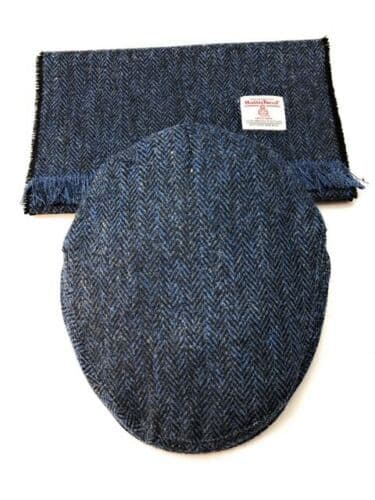Harris Tweed Blue & Black Scarf (150x26cm) & Flat Cap Set Made in Scotland