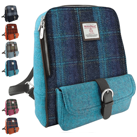 Harris Tweed Blue & Turquoise Check Mini Backpack - 100% Wool - Gift for Men/Women - LB1013-COL119