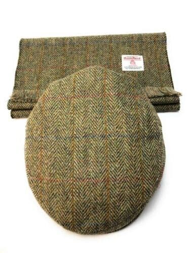 Harris Tweed Brown/Blue/Orange Check Scarf (150x26cm) & Flat Cap Set Made in Scotland