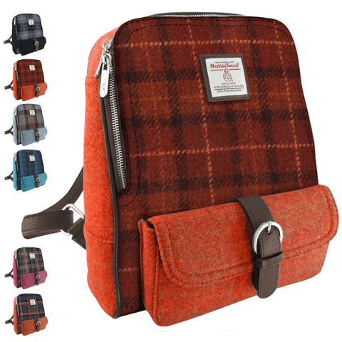Harris Tweed Brown & Orange Check Mini Backpack - 100% Wool - Gift for Men & Women - LB1013-COL117