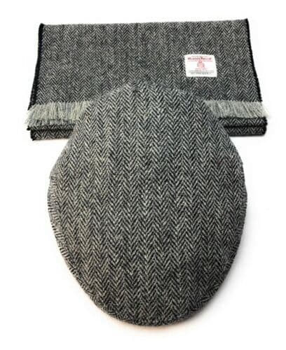 Harris Tweed Classic Herringbone Scarf (150x26cm) & Flat Cap Set Made in Scotland