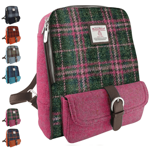 Harris Tweed Dark Green and Plum Check Mini Backpack - 100% Wool - Unisex Gift - LB1013-COL107