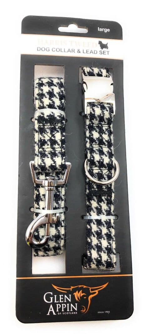 Harris Tweed Dog Collar & Lead Set in Black & White Dogtooth - Various Sizes, UK Handmade