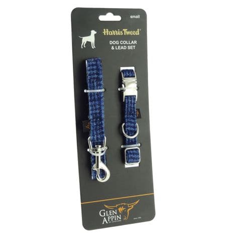 Harris Tweed Dog Collar & Lead Set in Blue Basket Weave - Various Sizes, UK Handmade