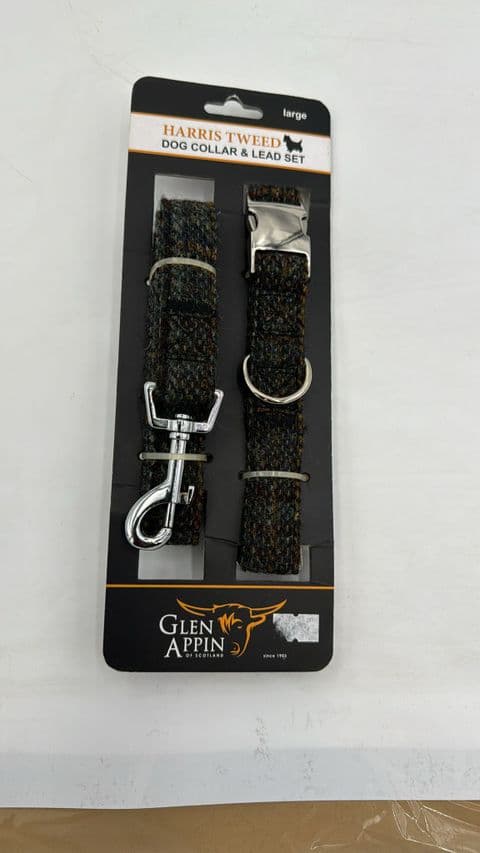 Harris Tweed Dog Collar & Lead Set in Bottle Green Weave - Various Sizes, UK Handmade