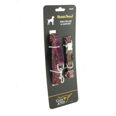 Harris Tweed Dog Collar & Lead Set in Heather Check - Various Sizes, UK Handmade