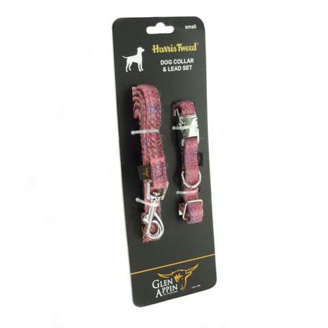 Harris Tweed Dog Collar & Lead Set in Pink Check - Various Sizes, UK Handmade