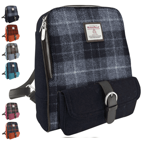 Harris Tweed Grey/Black Tartan Mini Backpack - 100% Wool - Gift for Men & Women - LB1013-COL095