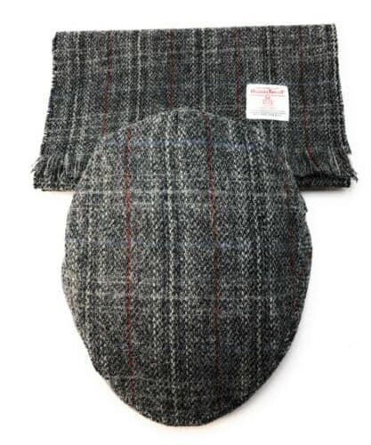 Harris Tweed Grey Check Scarf 150x26cm Flat Cap Set Made in Scotland