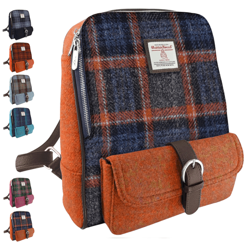 Harris Tweed Grey & Rust Check Mini Backpack - 100% Wool - Gift for Men & Women - LB1013-COL127