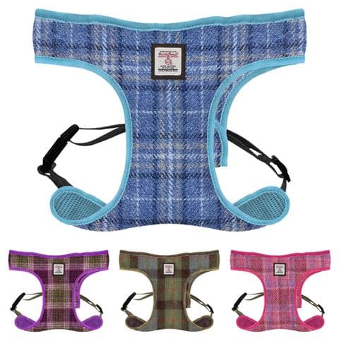 Harris Tweed Large Dog Harness in Light Blue Check Tartan - Adjustable, Stylish, Lightweight
