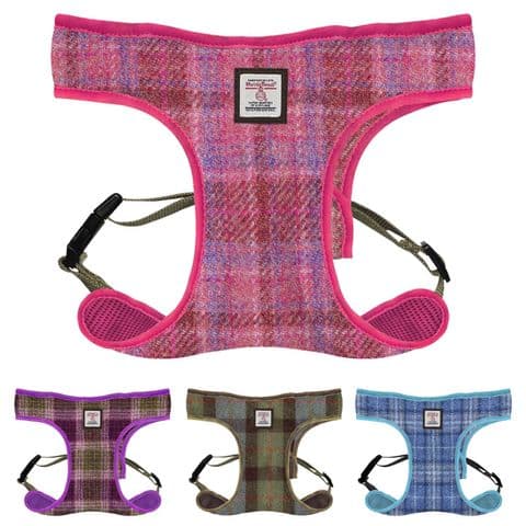 Harris Tweed Large Dog Harness in Pink Check Tartan - Adjustable, Stylish, Lightweight