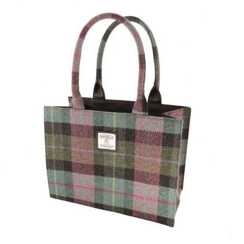 Harris Tweed Large Tote Bag in Green Rose Pink Tartan