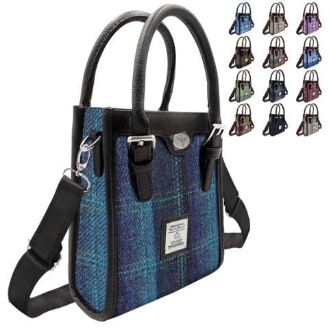 Harris Tweed Tall Mini Tote Bag in Blue with Turquoise Overcheck, Scottish Gift for Women-LB1238-COL119