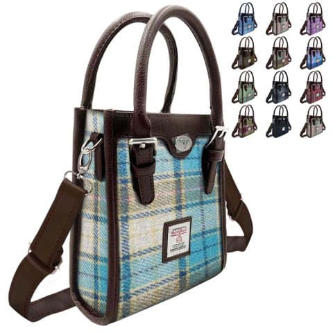 Harris Tweed Tall Mini Tote Bag in Brown With Turquoise Tartan, Women's Scottish Gift-LB1238-COL122