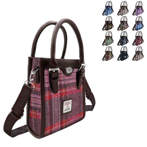 Harris Tweed Tall Mini Tote Bag in Burgundy & Pink Stewart Tartan, Gift for Women - LB1238-COL144