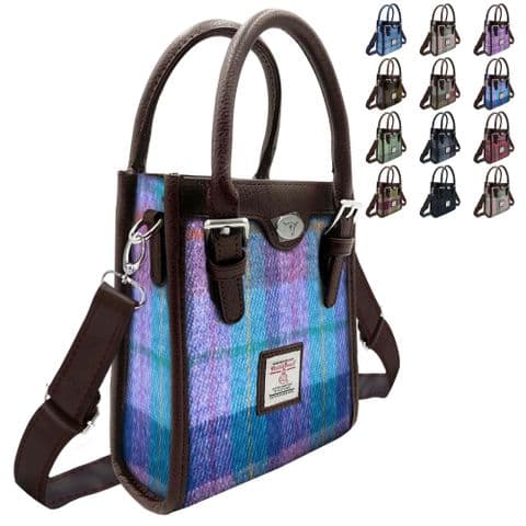 Harris Tweed Tall Mini Tote Bag in Green & Purple Tartan, Scottish Gift for Women - LB1238-COL79