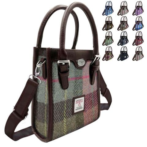 Harris Tweed Tall Mini Tote Bag in Muted Green & Rose Pink Tartan, Gift for Women - LB1238-COL137