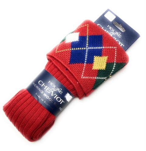 House of Cheviot Highland Red Argyle Merino Wool Blend Kilt Hose Made in Scotland