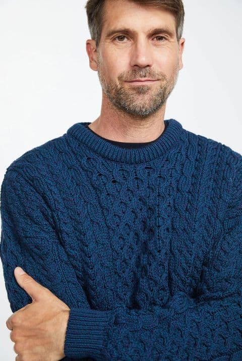 Inisheer Aran Wool Sweater for Men - Blue Atlantic Color - 100% Merino - Irish treditional Design