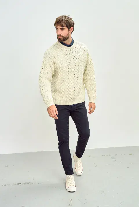Inisheer Aran Wool Sweater for Men - Cream Color - 100% Merino Wool - Irish treditional Design