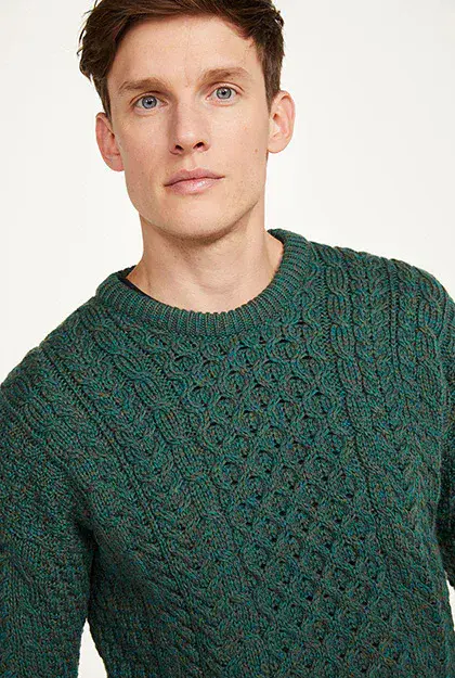 Inisheer Aran Wool Sweater for Men - Green Color - 100% Merino Wool - Irish treditional Design