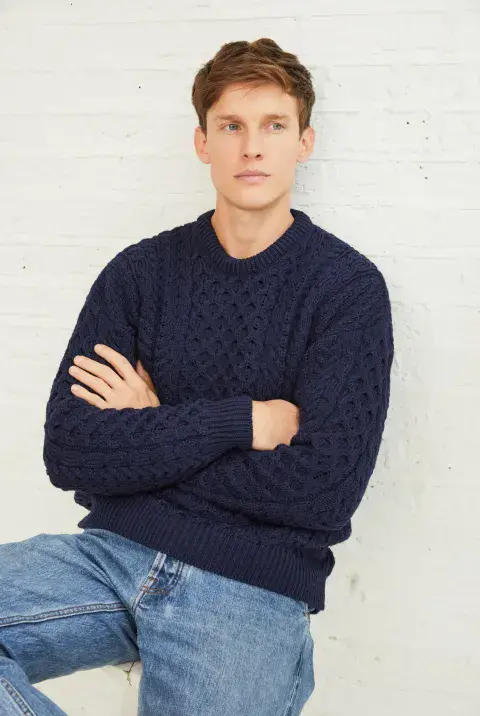 Inisheer Aran Wool Sweater for Men - Navy Color - 100% Merino Wool - Irish treditional Design