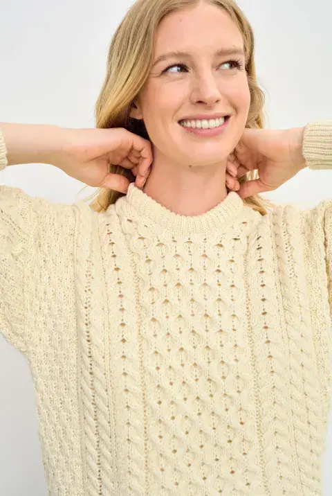 Inisheer Aran Wool Sweater for Women - Cream Color - 100% Merino Wool - Irish treditional Design