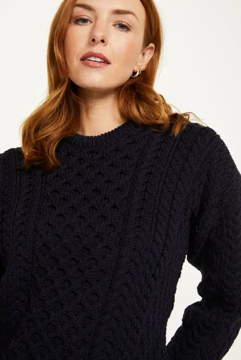 Inisheer Aran Wool Sweater for Women - Navy Color - 100% Merino Wool - Irish treditional Design