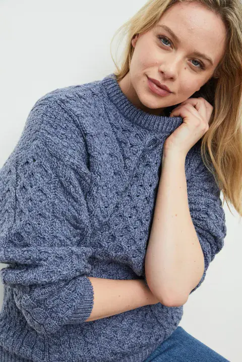 Inisheer Aran Wool Sweater - Unisex - Denim Color - 100% Merino Wool - Irish treditional Design