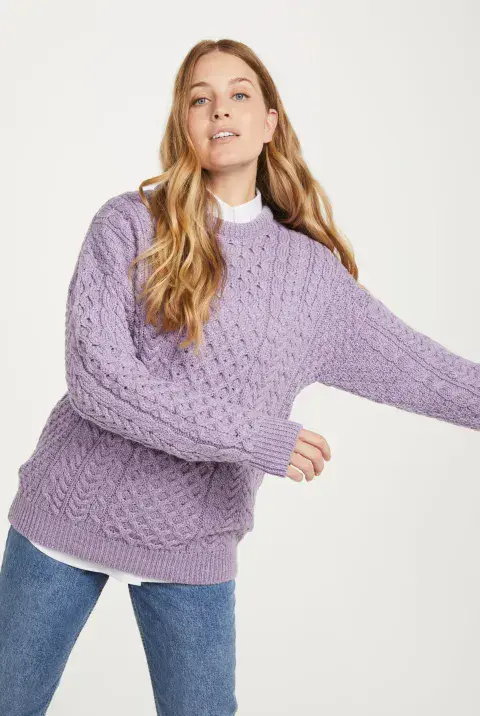 Inisheer Aran Wool Sweater - Women - Lavender Color - 100% Merino Wool - Irish treditional Design