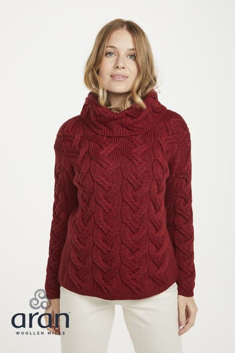 Kinsale Cable Aran Sweater - Grape wine, UK Sizes XS-XXL | 100% Wool | Sustainable and Stylish