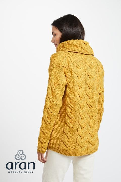 Kinsale Cable Aran Sweater - Mustard, UK Sizes XS-XXL | 100% Wool | Sustainable and Stylish