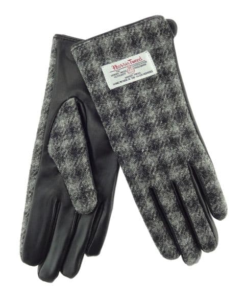 Ladies Black Leather & Tweed Gloves in Grey Dogtooth LB3000-COL61