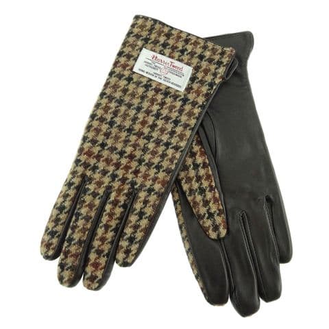 Ladies Brown Leather & Tweed Gloves in Brown Dogtooth Tartan LB3001 COL27