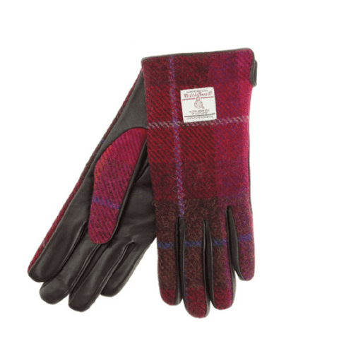 Ladies Brown Leather & Tweed Gloves in Dark Pink Tartan LB3001 COL52