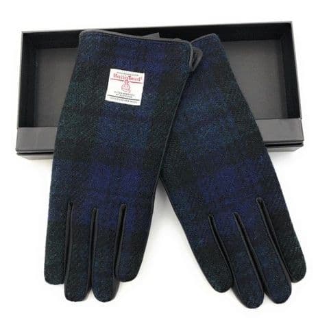 Ladies Dark Brown Leather & Harris Tweed Gloves Boxed in Black Watch LB3011-COL60
