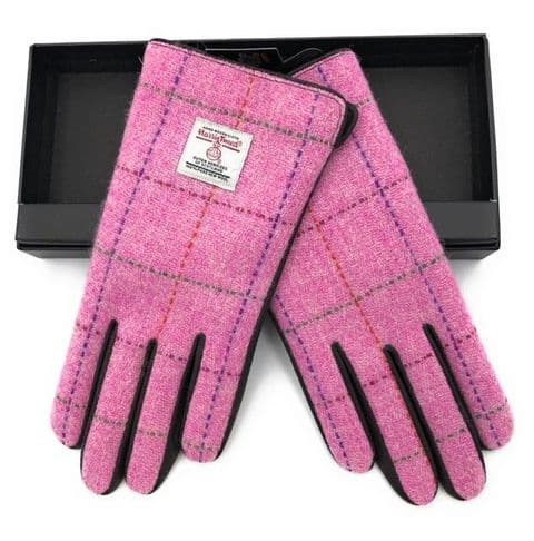 Ladies Dark Brown Leather & Harris Tweed Gloves Boxed in Bright Pink with Overcheck LB3011-COL68