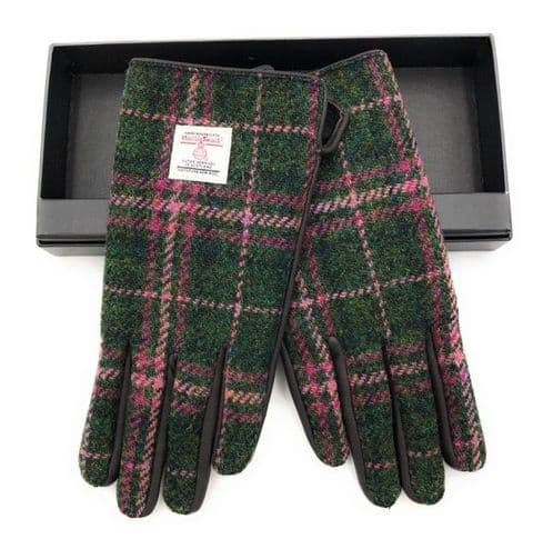 Ladies Dark Brown Leather & Harris Tweed Gloves Boxed in Dark Green And Plum LB3011 COL 107