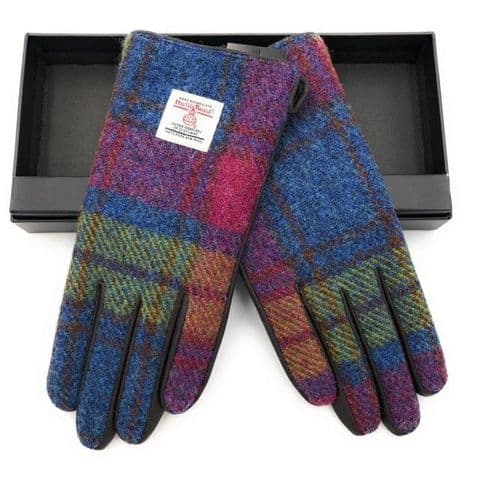 Ladies Dark Brown Leather & Harris Tweed Gloves Boxed in Multi Tartan LB3011-COL46