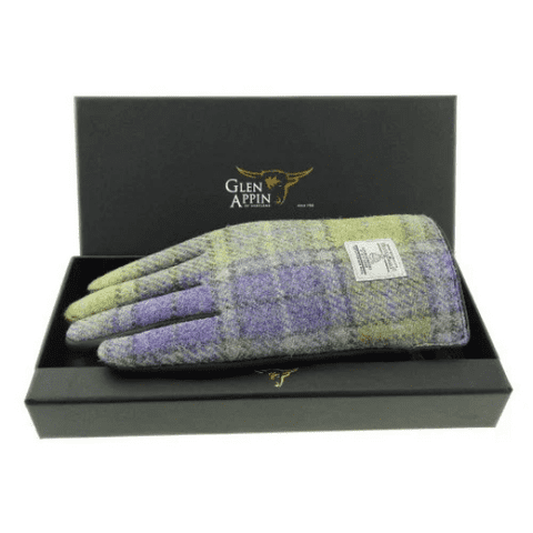 Ladies Dark Brown Leather & Harris Tweed Gloves Boxed in Muted Lilac/Green Check LB 3011 COL112