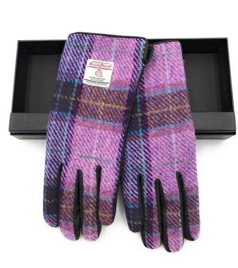 Ladies Dark Brown Leather & Harris Tweed Gloves Boxed in Pink/Lilac Check LB3011-COL34