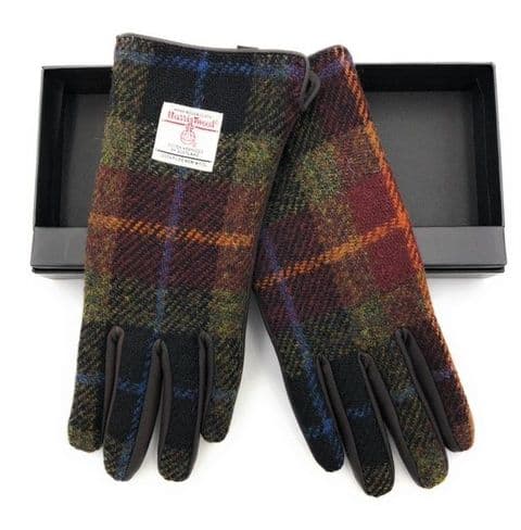 Ladies Dark Brown Leather & Harris Tweed Gloves Boxed in Rust Check LB3011-COL59