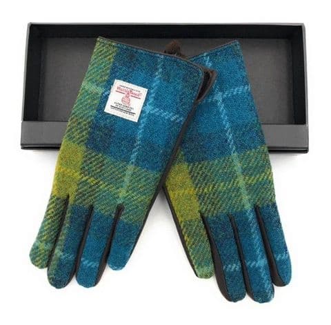 Ladies Dark Brown Leather & Harris Tweed Gloves Boxed in Sea Blue / Green Lb3011 COL114
