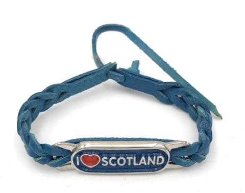 Leather Wrist Bracelet Blue I love Scotland